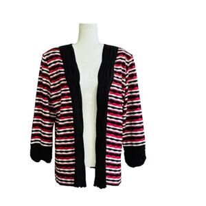 Toula Black Red White Ruched 3/4 Sleeve Open Front Cardigan Sweater Large